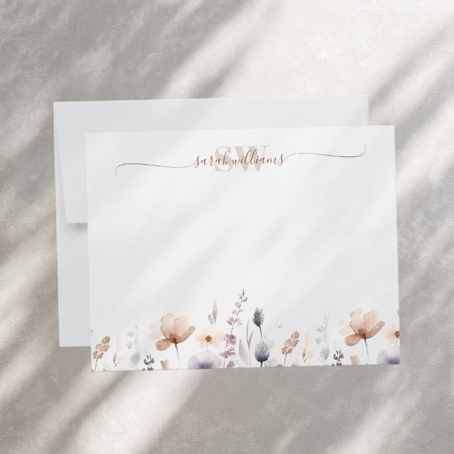 Monogram Boho Watercolor Wildblomskript Namn Anteckningskort (Skapare uppladdad)