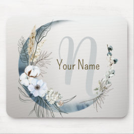Monogram Boho White Orchid Flowers Blue Måne Musmatta