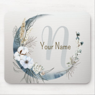 Monogram Boho White Orchid Flowers Blue Måne Musmatta