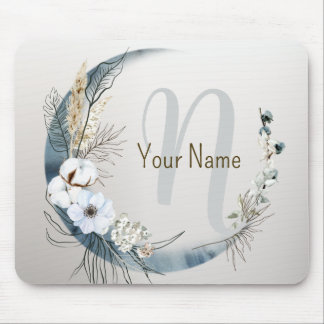 Monogram Boho White Orchid Flowers Blue Måne Musmatta