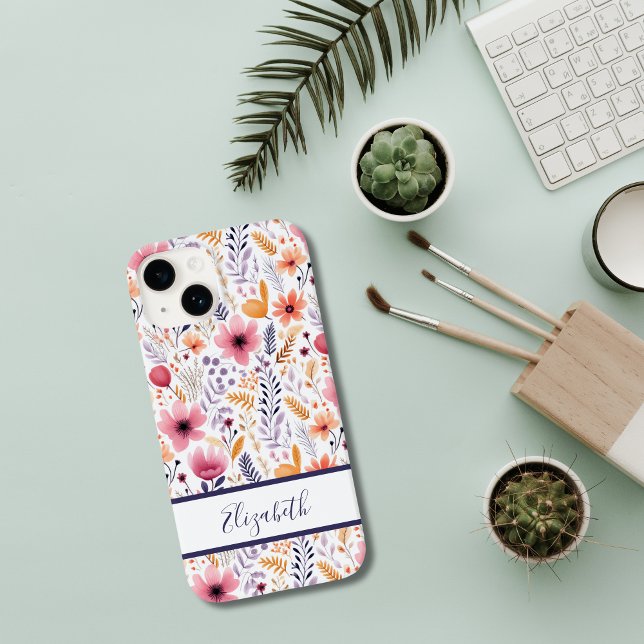Monogram Boho WildblommRosa Lila Orange Coral (Boho Wildflowers pink purple orange coral Monogrammed iPhone case. )