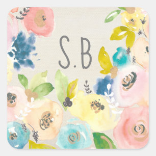 Monogram, Bok, Blommigt med vattenfärg Ex Libris Fyrkantigt Klistermärke