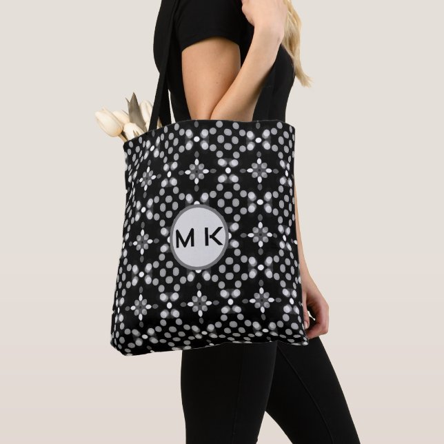Monogram Bokeh Prickig Mönster Svart Toteväska Tygkasse (Närbild)