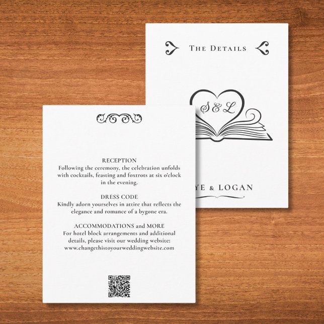 Monogram Bokhjärtans Bröllopsdetaljer Bibliotek Tilläggskort (Wedding Details card with bookish flourish and your monogram)