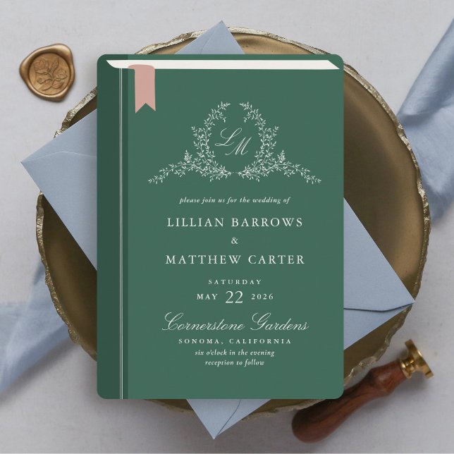 Monogram Bokomslag Bröllopsinbjudan Inbjudningar (Monogram Book Cover Wedding Invitation)