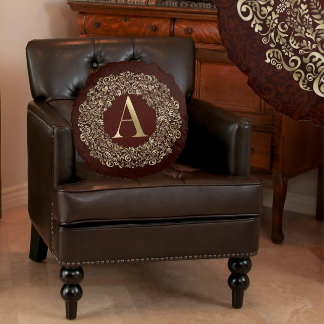 Monogram Bokstav A Lyxig Guld Burgunder damast Rund Kudde (Skapare uppladdad)