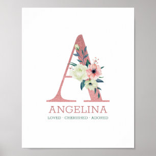 Monogram Bokstav A Rosa Akvarell Blommig Barnkamma Poster