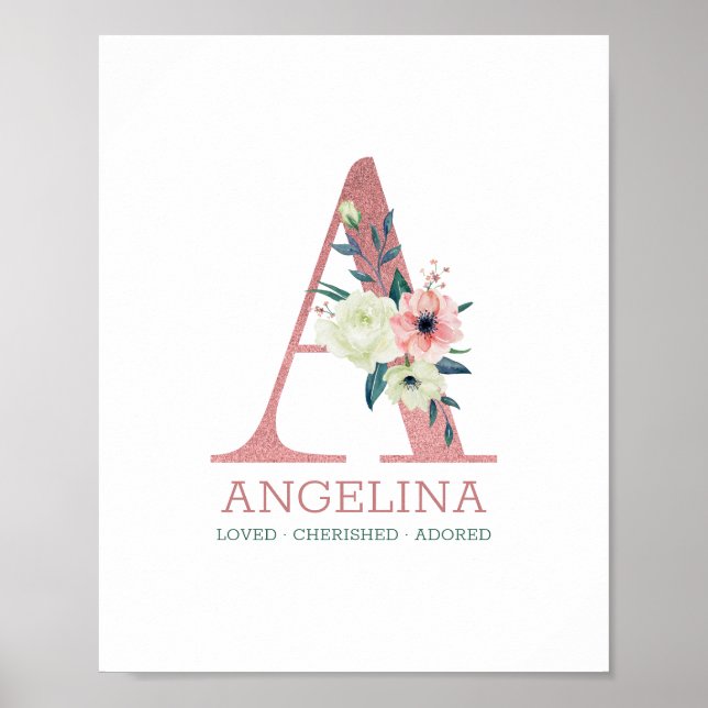 Monogram Bokstav A Rosa Akvarell Blommig Barnkamma Poster (Framsidan)
