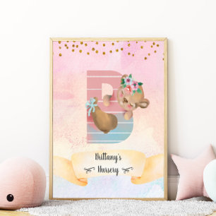 Monogram Bokstav B Söt Björn Tjejaktig Barnkammare Poster