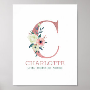 Monogram Bokstav C Rosa Akvarell Blommig Barnkamma Poster