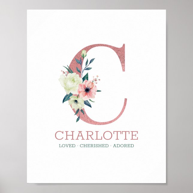 Monogram Bokstav C Rosa Akvarell Blommig Barnkamma Poster (Framsidan)