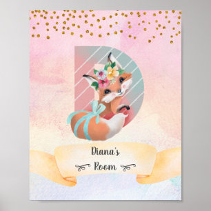 Monogram Bokstav D Baby Räv Flicka Rosa Barnkammar Poster