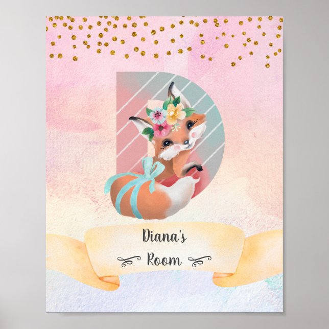 Monogram Bokstav D Baby Räv Flicka Rosa Barnkammar Poster (Framsidan)