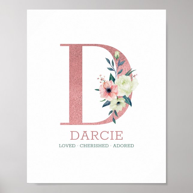 Monogram Bokstav D Rosa Akvarell Blommig Barnkamma Poster (Framsidan)