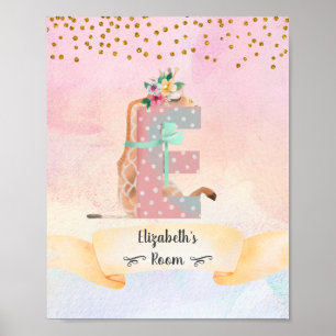 Monogram Bokstav E Baby Giraff Flicka Barnkammare Poster