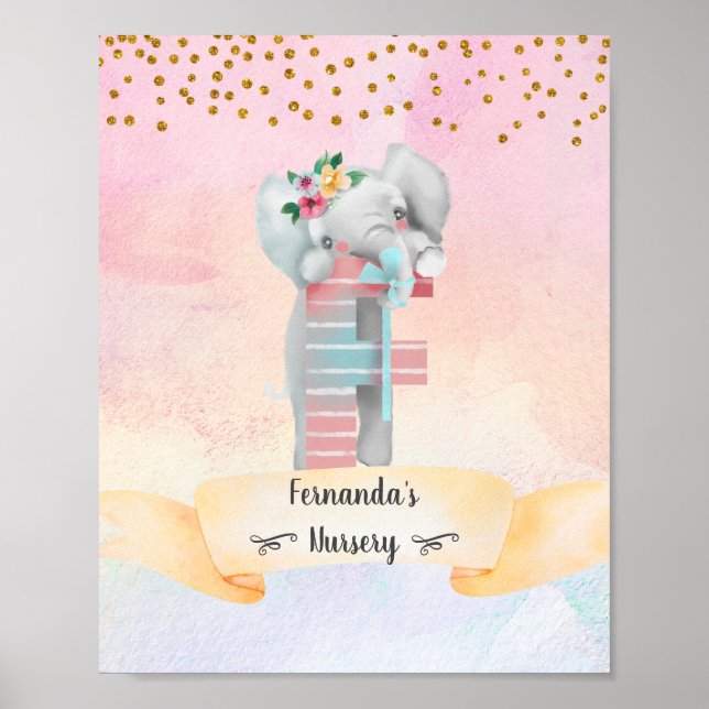 Monogram Bokstav F Baby Elefant Flickrum Poster (Framsidan)