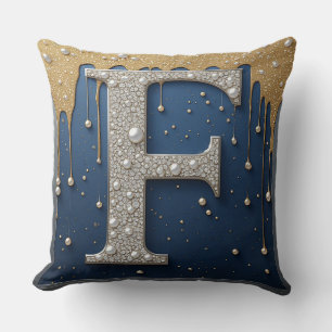 Monogram bokstav F Navy Guld Droppande Färg Kudde