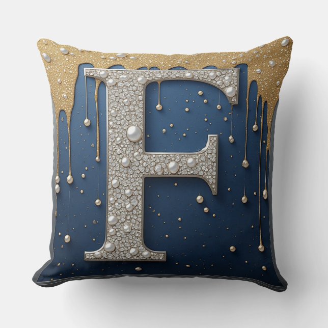 Monogram bokstav F Navy Guld Droppande Färg Kudde (Framsida)