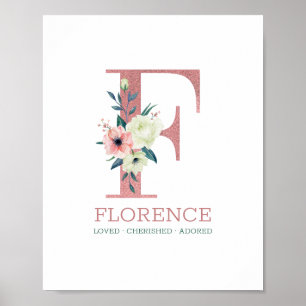 Monogram Bokstav F Rosa Akvarell Blommig Barnkamma Poster