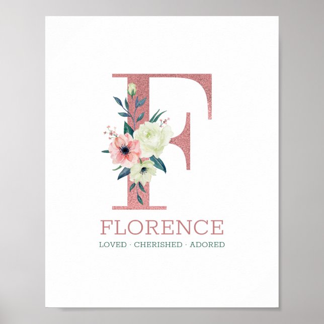 Monogram Bokstav F Rosa Akvarell Blommig Barnkamma Poster (Framsidan)