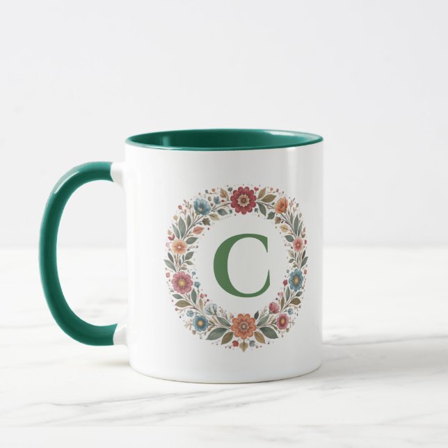 Monogram bokstav folk blommor krans anpassad prese mugg (Vänster)