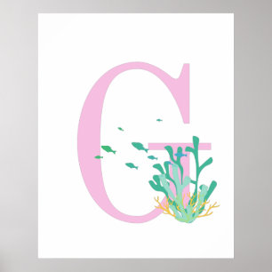 Monogram Bokstav G Rosa Turkos Korall Fisk Affisch