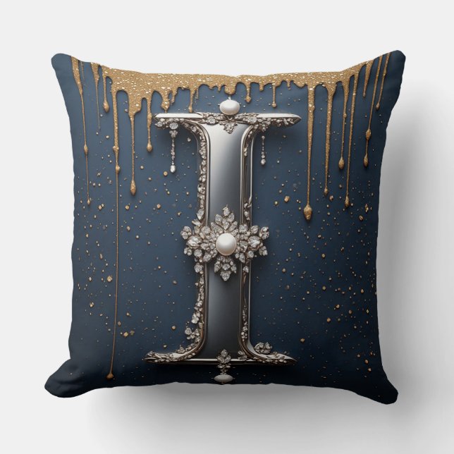 Monogram bokstav I marin guld droppande färg Kudde (Framsida)