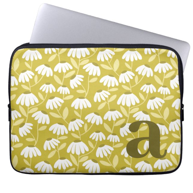 Monogram Bokstav Initial Mörk Guld Blommig Mönster Laptop Fodral (Framsidan)