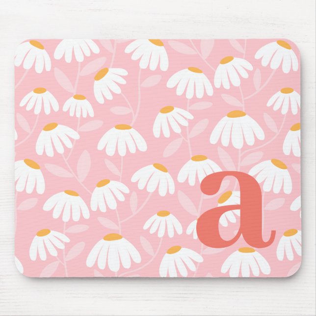 Monogram Bokstav Initial Rosa/Vit Blommig Mönster Musmatta (Framsidan)