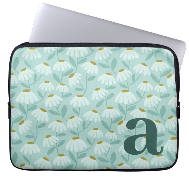 Monogram Bokstav Initial Turkos Blommönster Laptop Fodral (Framsidan)