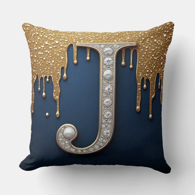 Monogram bokstav J marin guld droppande färg Kudde (Framsida)