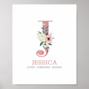 Monogram Bokstav J Rosa Akvarell Blommig Barnkamma Poster