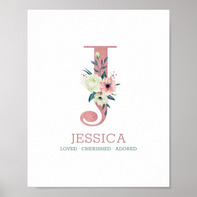 Monogram Bokstav J Rosa Akvarell Blommig Barnkamma Poster (Framsidan)