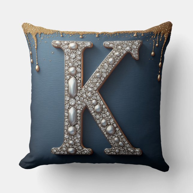 Monogram bokstav K Navy Guld Droppande Målarfärg P Kudde (Framsida)