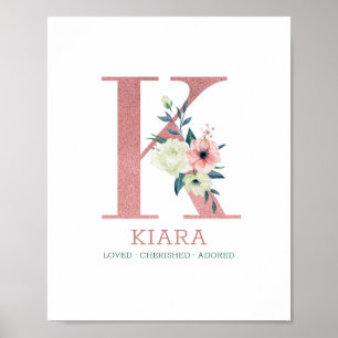 Monogram Bokstav K Rosa Akvarell Blommig Barnkamma Poster