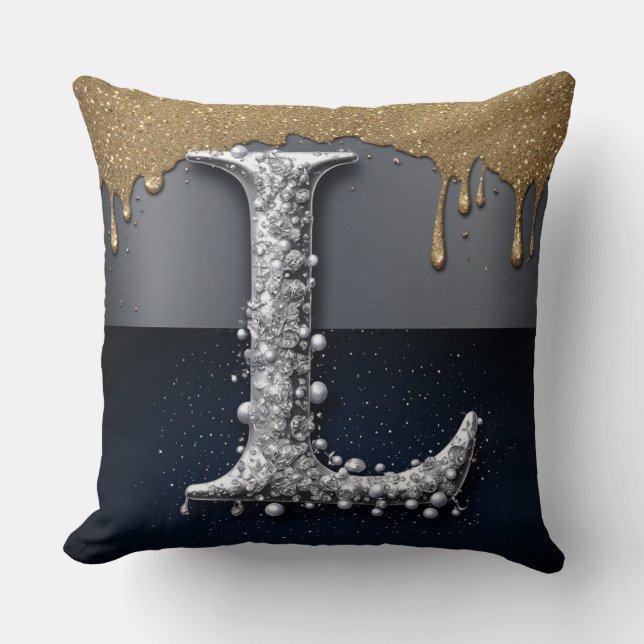 Monogram Bokstav L Guld Droppande Silver Lyx Kudde (Framsida)