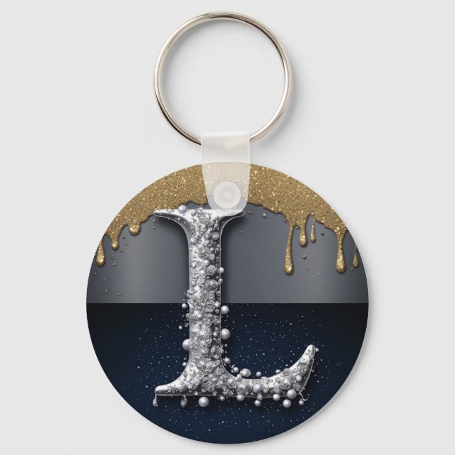 Monogram Bokstav L Guld Droppande Silver Lyx Nyckelring (Framsida)