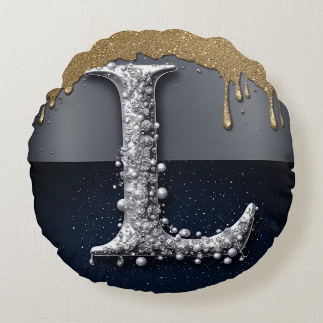 Monogram Bokstav L Guld Droppande Silver Lyx Rund Kudde (Framsidan)