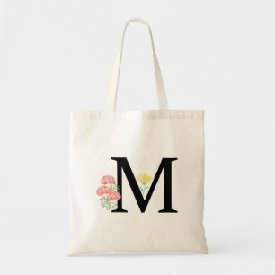 Monogram bokstav M akvarell rosor blomster sprut Tygkasse