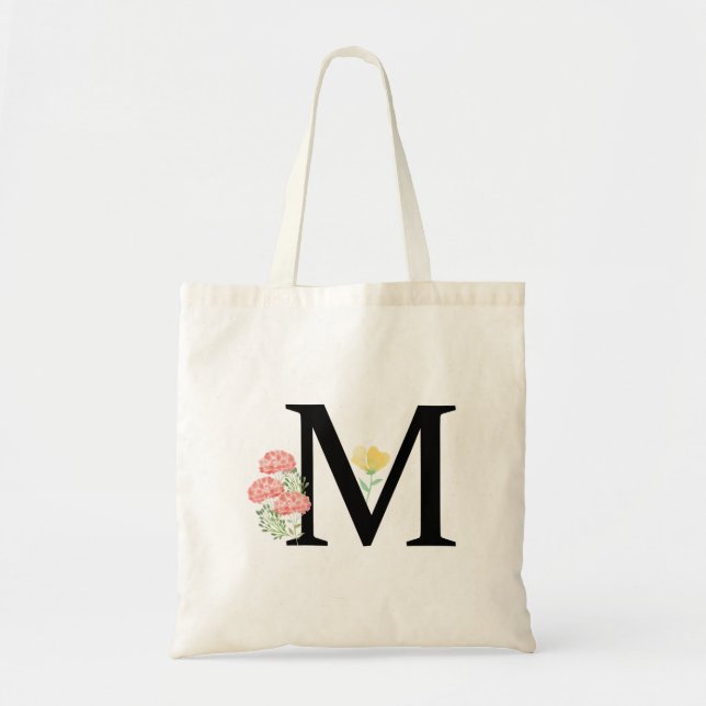 Monogram bokstav M akvarell rosor blomster sprut Tygkasse (Framsidan)