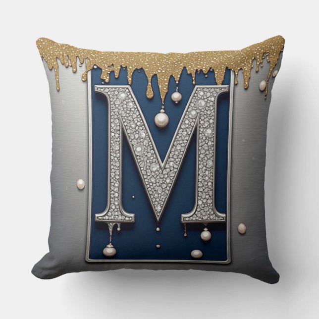 Monogram Bokstav M Marin Guld Droppande Färg Kudde (Framsida)