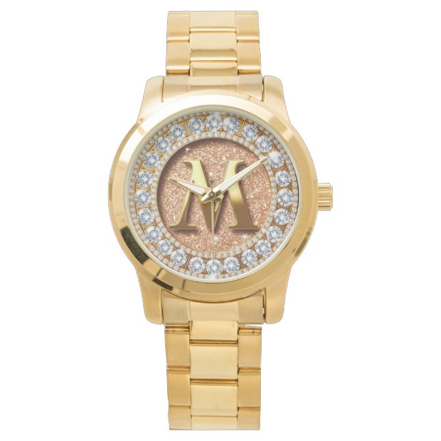 Monogram Bokstav M på Roséguld Glitter Bakgrund Armbandsur (Framsida)