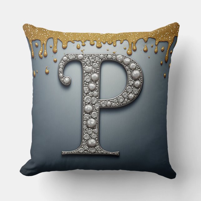 Monogram Bokstav P Marin Guld Droppande Färg Kudde (Framsida)