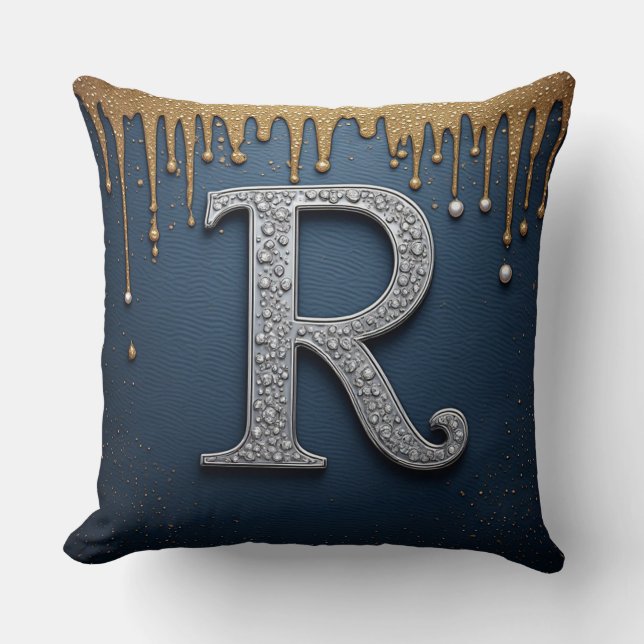 Monogram bokstav R Navy Guld Pärla Initial Design Kudde (Framsida)