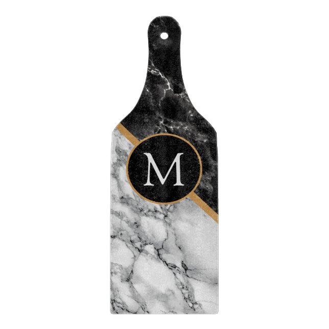 Monogram bokstav svart vit marmor skärbräda (Framsidan)