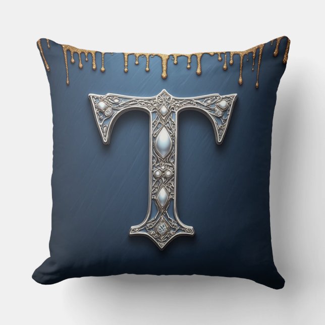 Monogram Bokstav T Marin Guld Droppande Målarfärg Kudde (Framsida)
