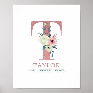 Monogram Bokstav T Rosa Akvarell Blommig Barnkamma Poster