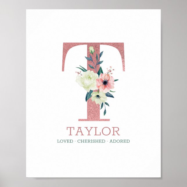 Monogram Bokstav T Rosa Akvarell Blommig Barnkamma Poster (Framsidan)