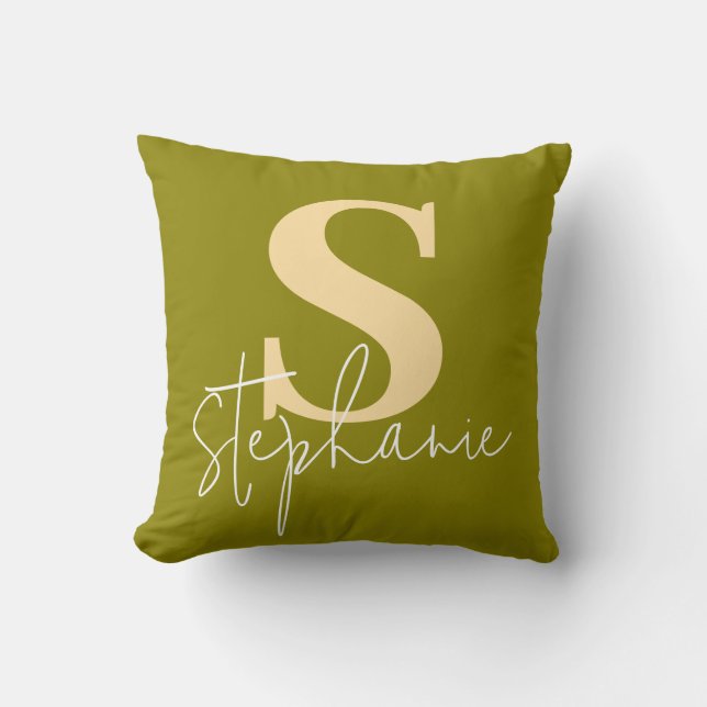 Monogram Bokstavlig Skript Grön Gul Kuddvar Kudde (Framsida)