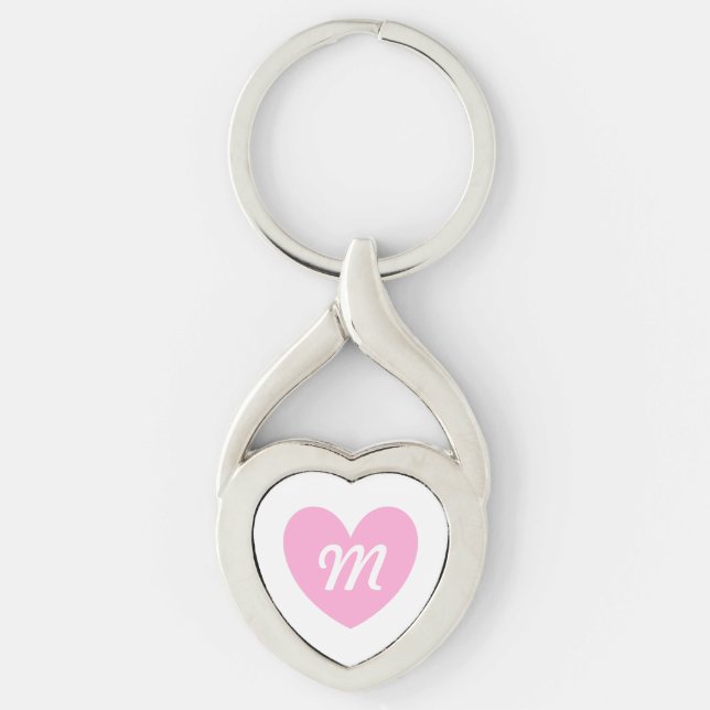 Monogram Bomull Rosa hjärta på vit Twisted Heart Silverfärgad Nyckelring (Framsidan)